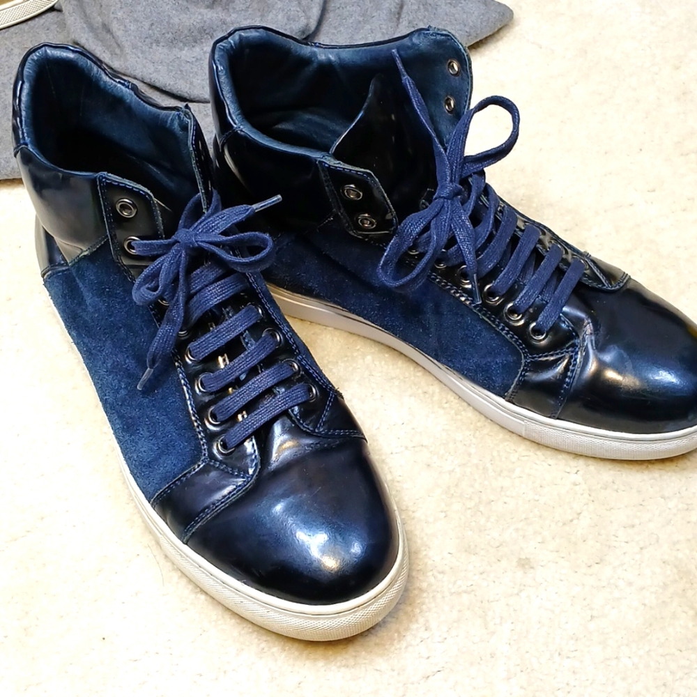 Badgley Mischka mens blue suede and patent leather high top sneakers. size 10